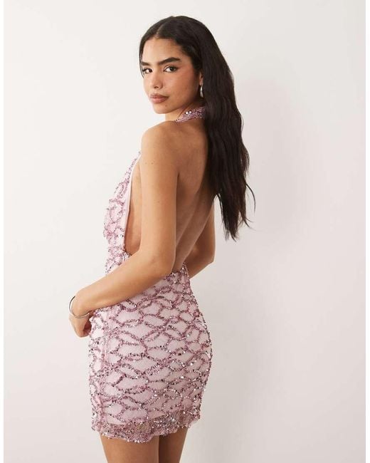 ASOS Pink Lace Sequin Halterneck Mini Dress