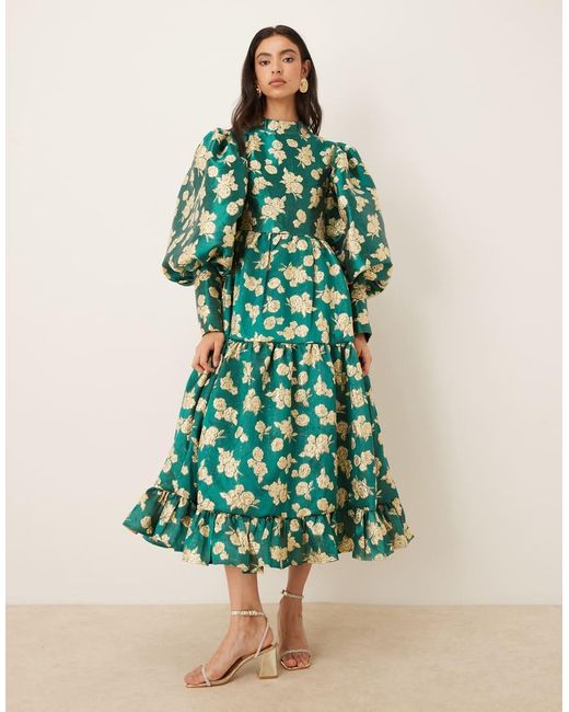 Sister Jane Green Dream Showstopper High Neck Puff Sleeve Jacquard Midi Dress