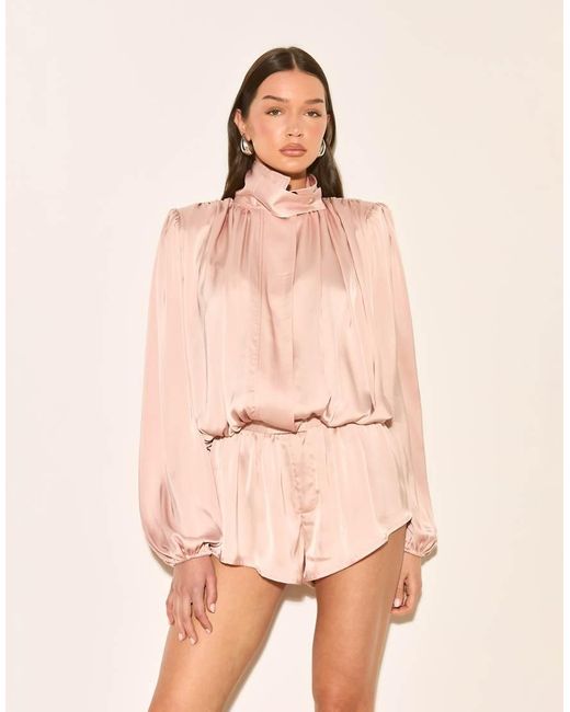 Noughts & Kisses Natural Satin High Neck Extreme Drape Balloon Sleeve Playsuit