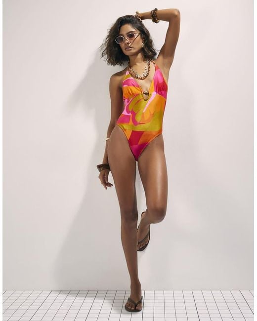River Island Pink Leaf Print Swimsuit