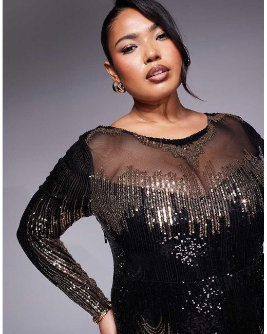 Goddiva Black Curve Long Sleeve Aztec Sequin Maxi Dress