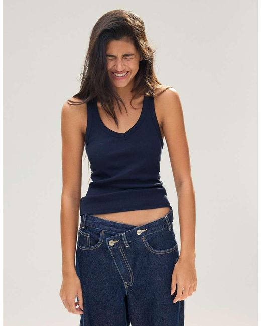 Bershka Blue Basic Rib Vest Top