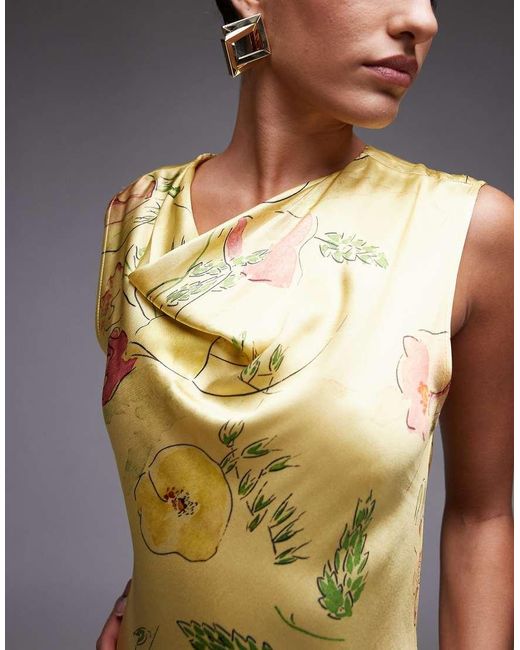 Vestido Largo Verde Con Estampado Floral Y Cuello Drapeado De TOPSHOP de color Green