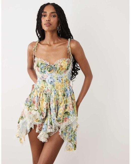 For Love & Lemons White Elea Rosette Detail Sweetheart Neck Mini Dress