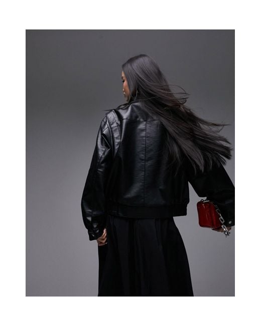 TOPSHOP Black Faux Leather Oversized Pocket Collar Bomber Jacket