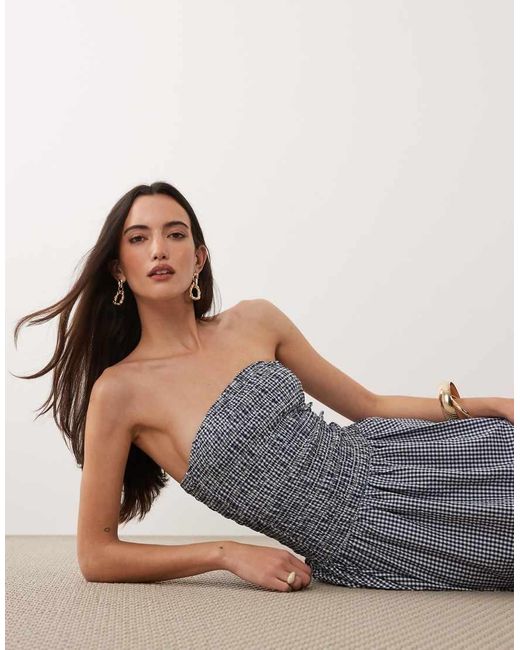 Brave Soul Blue Strapless Midi Dress With Shirred Bodice