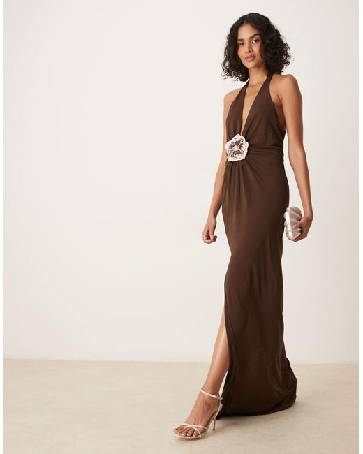 Mango Brown Premium Halterneck Sequin Floral Detail Maxi Dress