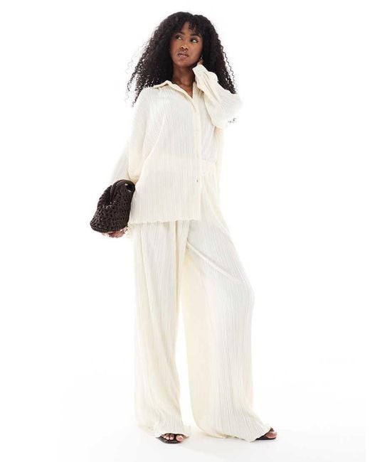 4th & Reckless White Plisse Elasticated Waist Wide Leg Pants