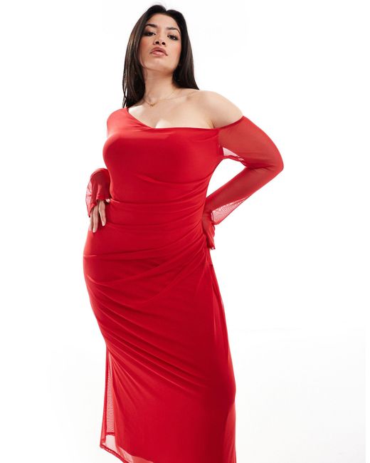 ASOS Red Asos Design Curve Mesh Long Sleeve Ruched Midi Dress