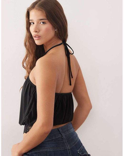 Collusion Blue Slinky Halterneck Top With Lace Trim Detail