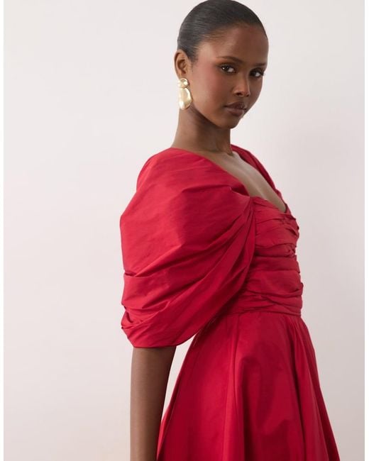 LACE & BEADS Red Taffeta Puff Sleeve Sweetheart Neck Gown