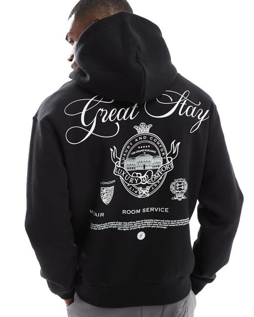 Bershka Black Hotel Llaves Back Printed Hoodie for men