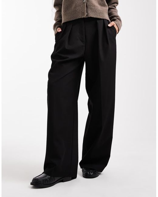 ASOS Black Petite Tailored Wide Leg Trousers With Pleat Detail