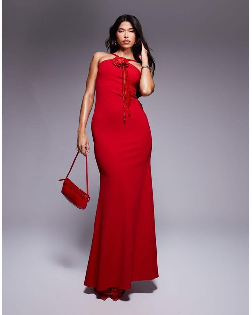 Goddiva Red Racer Neck Corsage Scuba Maxi