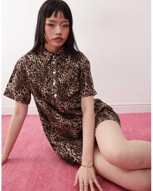 Monki Pink – oversize-hemdkleid aus twill mit leopardenmuster