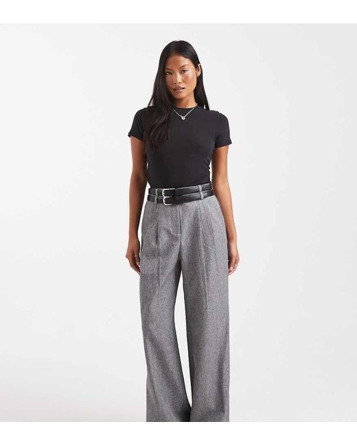 4th + Reckless Petite Black Double Belt Detail Wide Leg Tailored Trousers