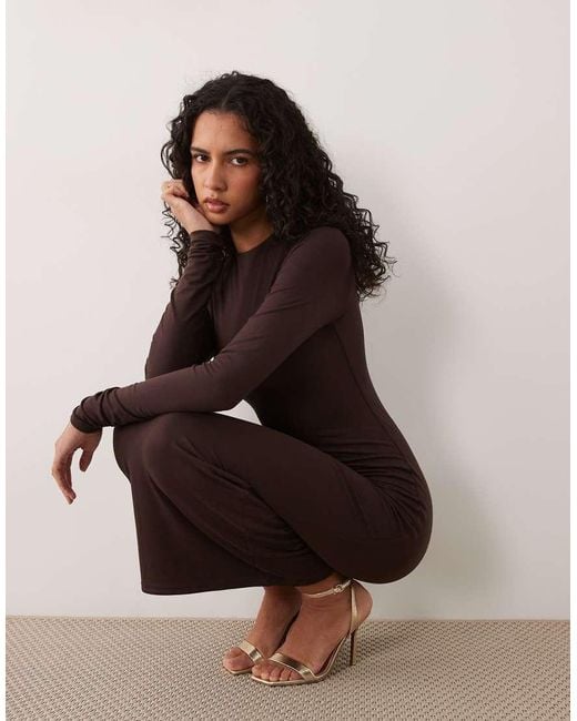 AFRM Brown Juniper Knit Crepe Mock Neck Long Sleeve Midi Dress