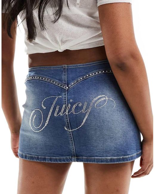 Juicy Couture Blue Diamante Stretch Denim Micro Skirt