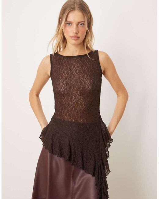 Gina Tricot Brown Asymmetric Lace Top