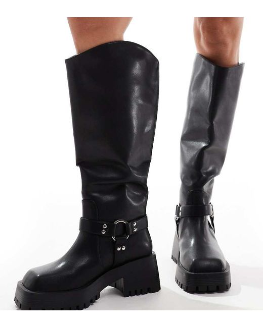 Raid Wide Fit Black Ultra Biker Knee Boots With Square Toe