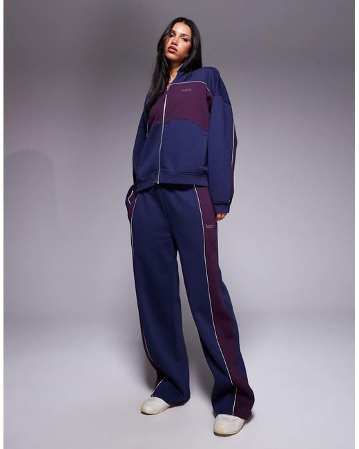Kaiia Blue Cotton Rich Contrast Side Stripe Wide Leg joggers Co-ord