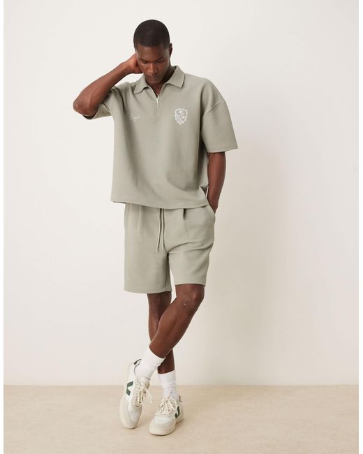 Polo ultra épais coupe carrée oversize à épaules tombantes et broderie sur la poitrine et short - kaki texturé ASOS pour homme en coloris Brown
