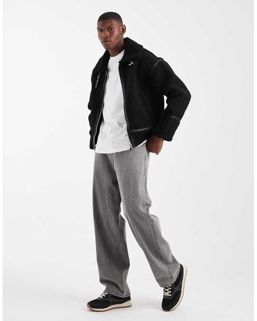 Redefined Rebel Black Boxy Shearling Aviator Jacket for men