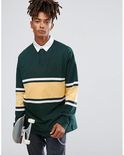 ASOS Oversized Long Sleeve Rugby Polo Shirt With Contrast Panelling In  Green for Men | Lyst