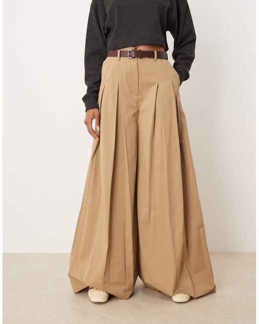 ASOS Brown Tall Tailored Pleated Wide Leg Trousers With Belt