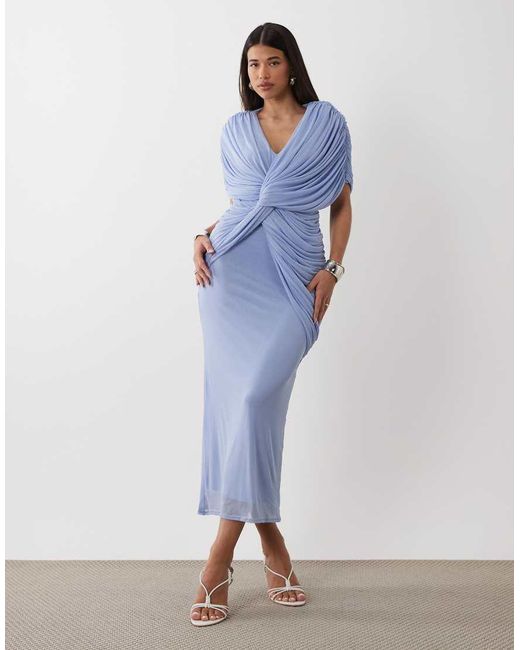 ASOS Blue Twist Plunge Neck Cape Midaxi Dress
