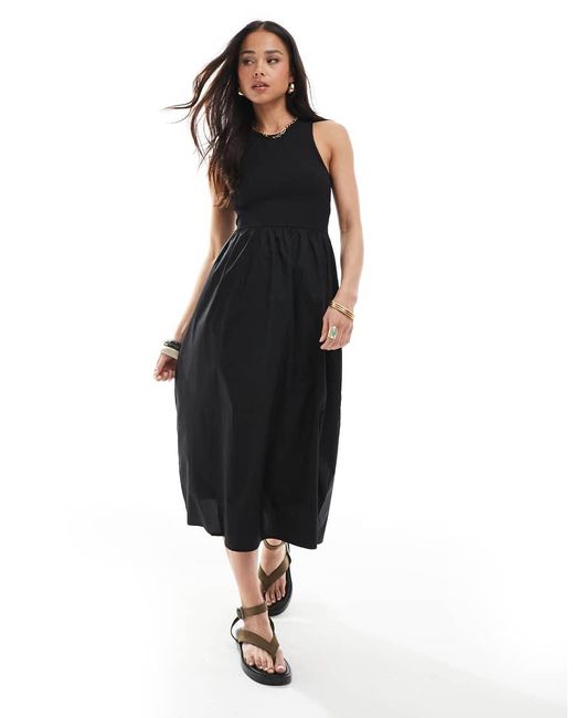 Brave Soul Geribbelde Midi Jurk Met Poplin Rok in het Black