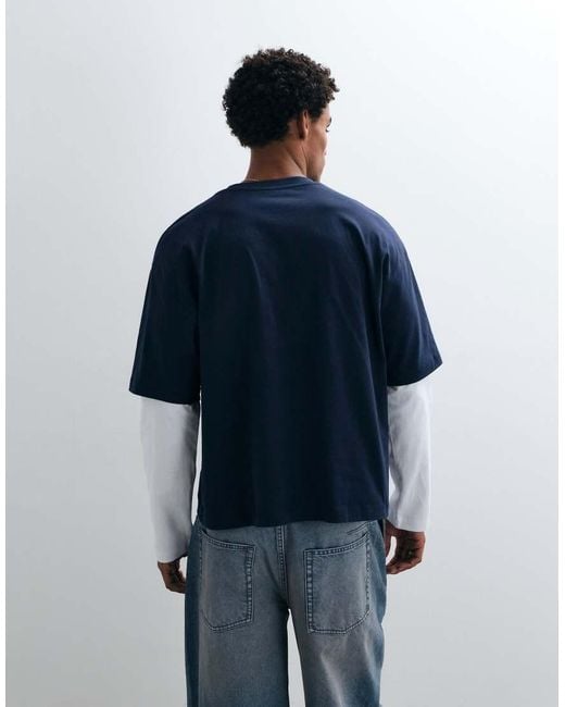 ASOS Blue Boxy Oversized Double Sleeve T-Shirt With Chest Graphic for men
