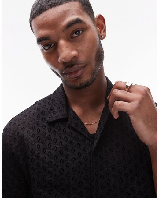 Topman Black Oversized Fit Button Through Jersey Crochet Polo for men
