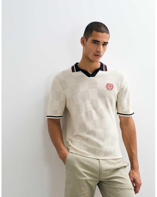 ASOS Natural Relaxed Knitted Football Style With Embroidery Notch Neck for men