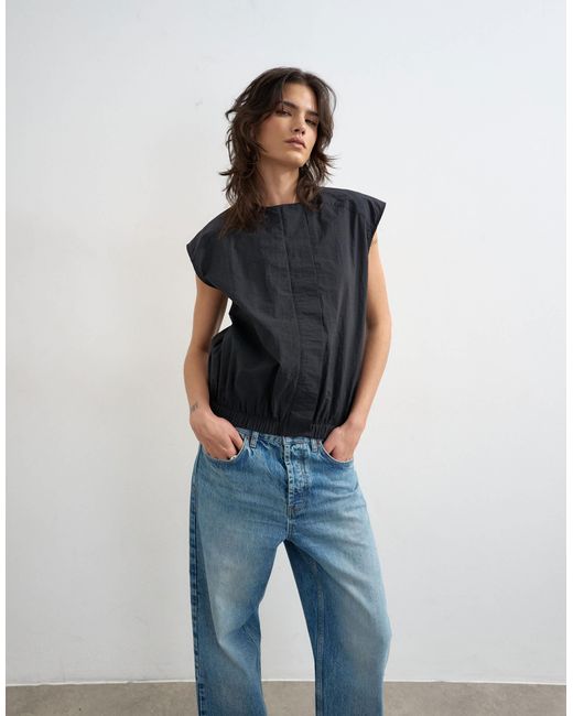 TOPSHOP Black Soft Zip Through Structured Shoulder Top