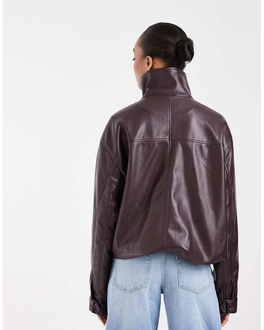 ASOS Brown Asos Design Tall Clean Leather Look Funnel Track Bomber Jacket