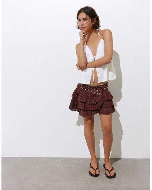 Pull&Bear White Halter Top With Lace Trims And Linen