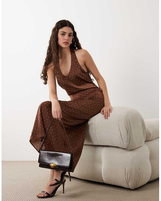 New Look Brown Polka Dot Cowl Neck Halter Satin Midi Dress