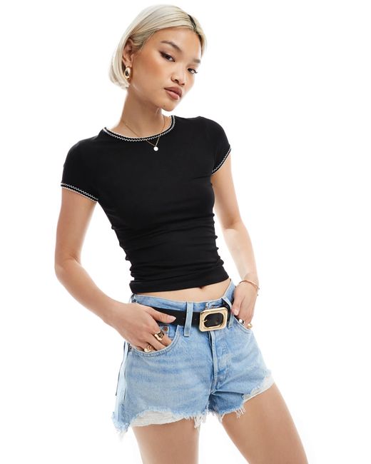 Miss Selfridge Black Blanket Stitch Crew Neck Short Sleeve Top