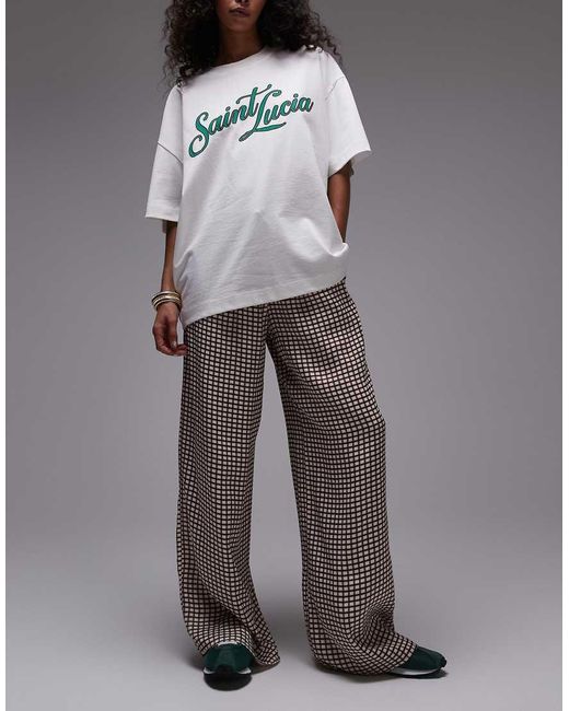 TOPSHOP Brown Co Ord Satin Drawcord Wide Leg Check Trouser