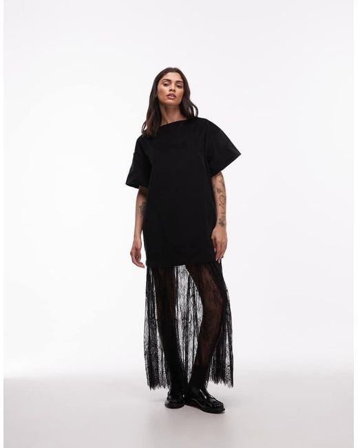 ASOS Black Cord T-shirt Hybrid Maxi Dress With Lace Skirt