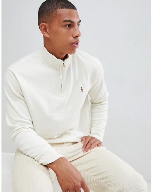 Polo Ralph Lauren White Half Zip Cotton Knit Jumper With Multi Player Logo In Cream for men