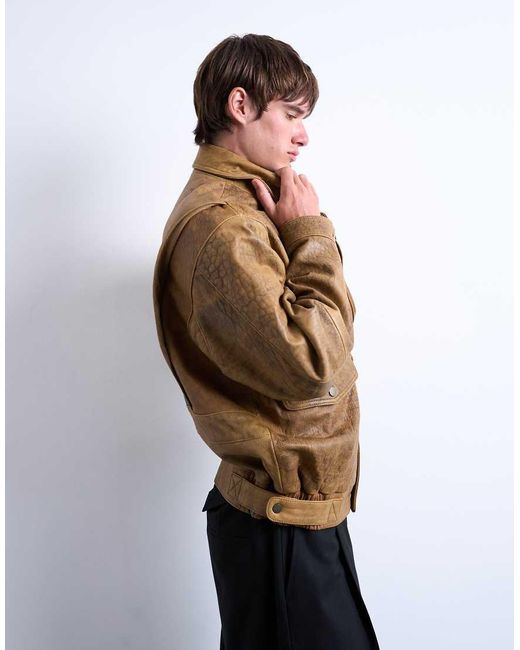 Topman Brown Real Leather Double Pocket Coat for men