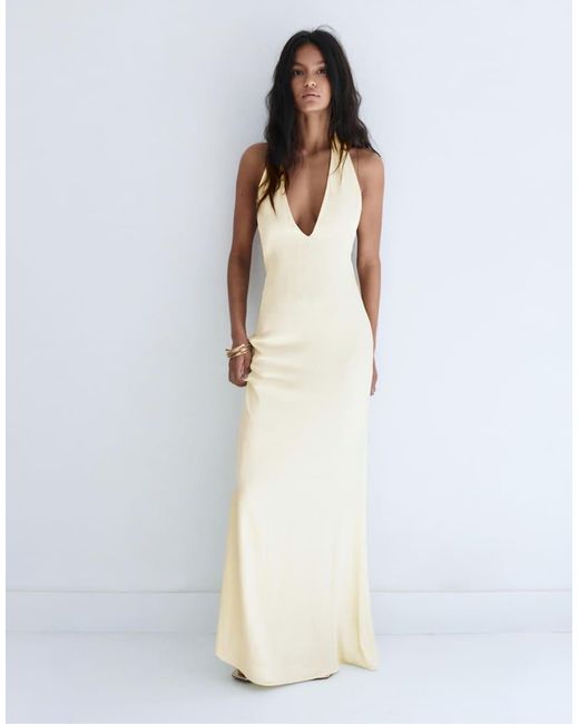 Pull&Bear White Long Halter Prom Dress With Open Back