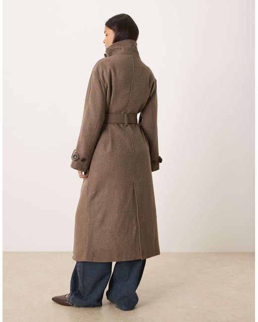 Gina Tricot Natural Wool Belted Midaxi Coat With Funnel Neck Detail