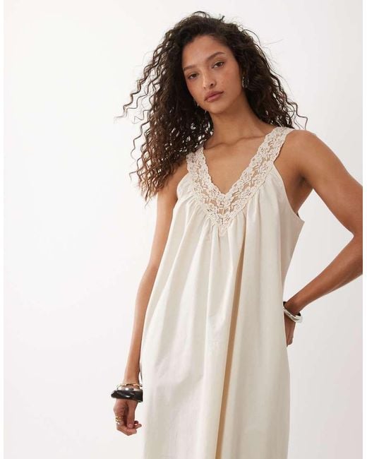 ASOS White V Neck Smock Poplin Maxi Sundress With Lace Overlay