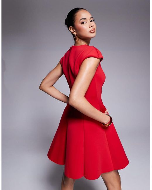 Goddiva Red Cap Sleeve Plunging V Neckline Skater Mini Dress