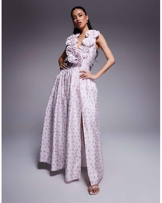 ASOS Purple Plunge Drop Waist Corsage Maxi Dress