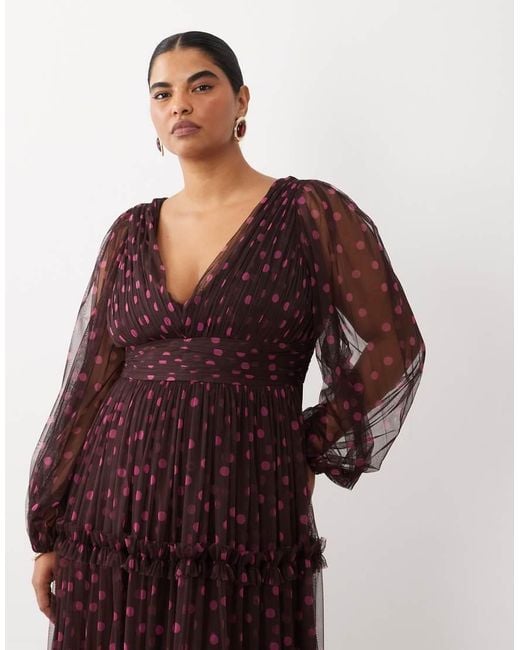Lace & Beads Plus Tulle Sheer Balloon Sleeve Plunge Neck Tiered Maxi Dress