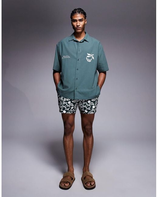 ASOS Blue Co-ord Oversized Shirt With Chest Embroidery for men